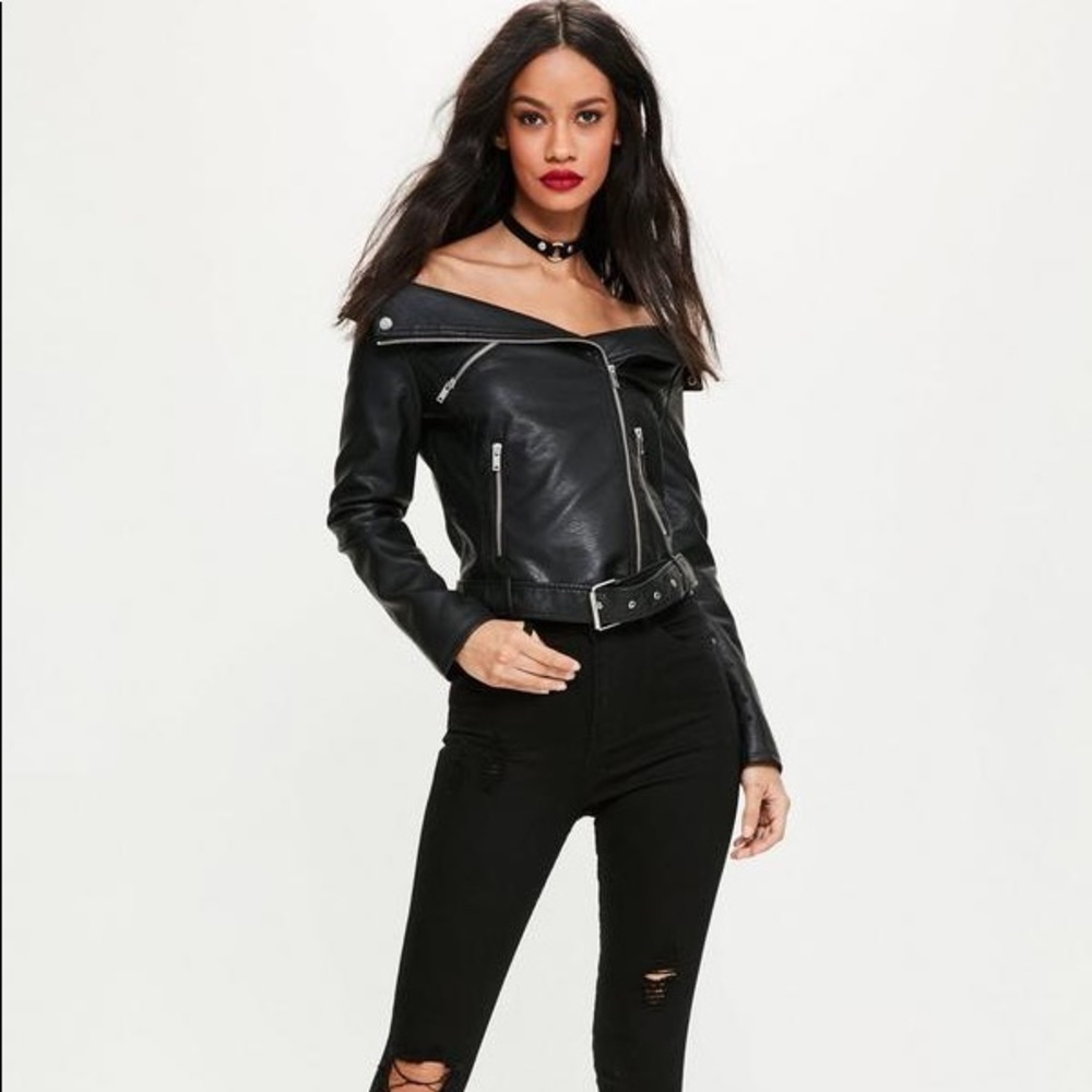 Faux leather off the shoulder jacket✨